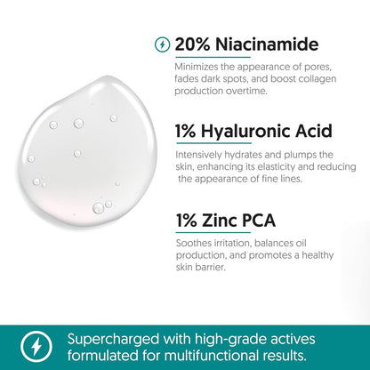 Niacinamide 20% Advanced with + 1% Hyaluronic Acid + 1% Zinc PCA | Fragrance Free | Tighten pores, Fades Dark Spots, Oil Balancing | Visibly Brighten & Firm Skin | 30ml